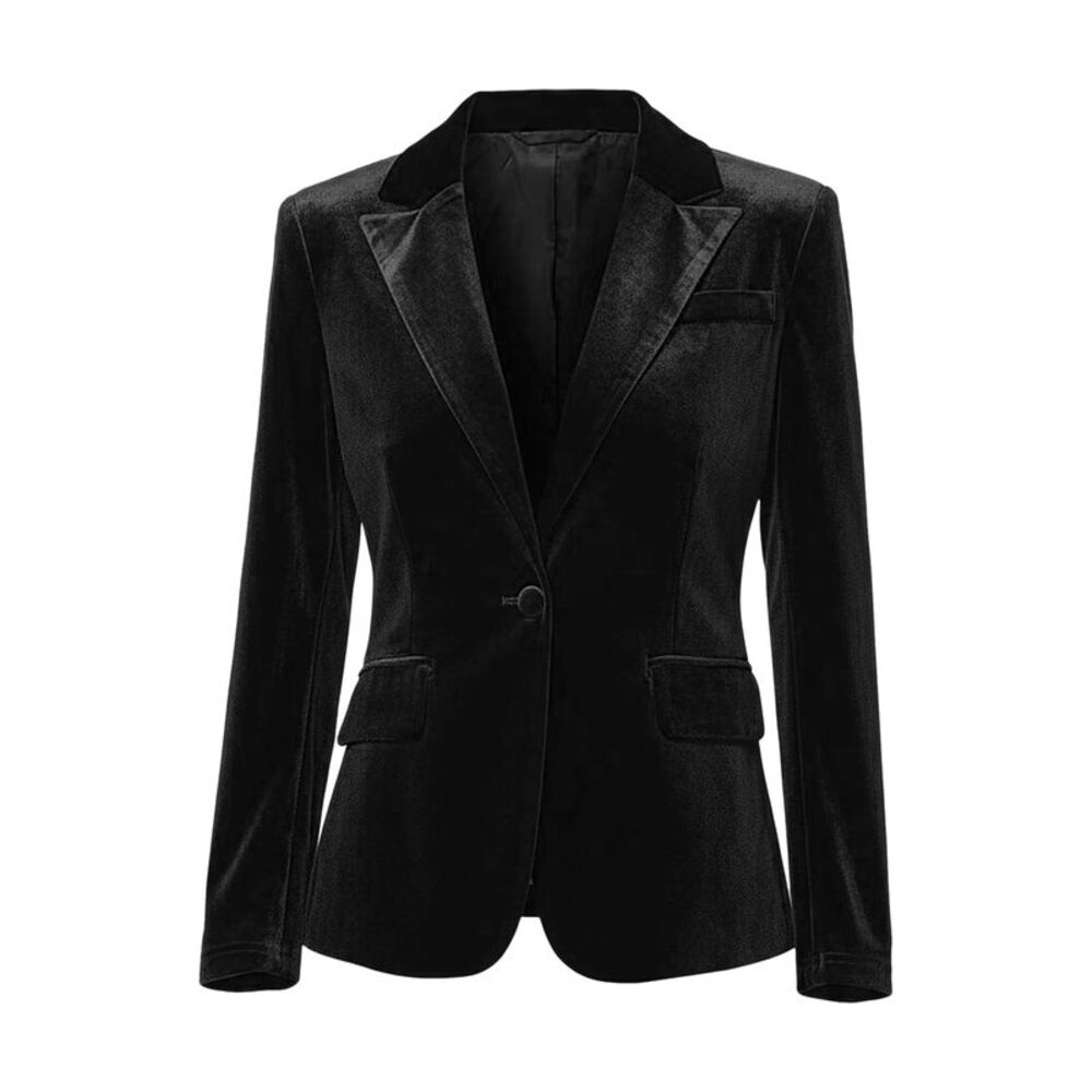 Women Velvet Notched Lapel Long Sleeve Office Blazer Top Black